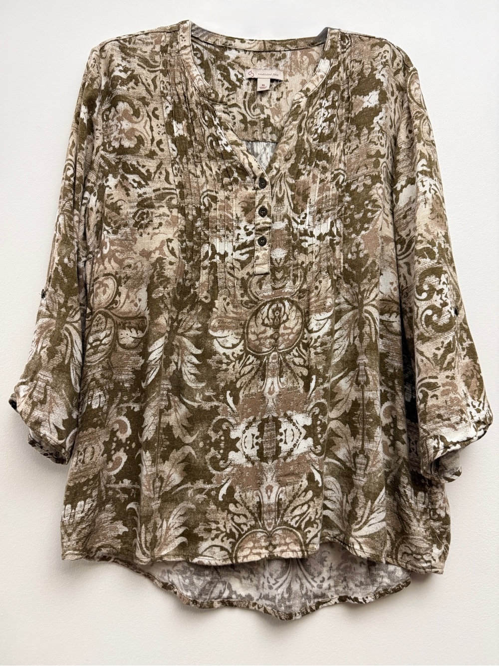 Vintage db established 1962 Boho Print Tunic | Brown & Cream Roll Tab Sleeve XL